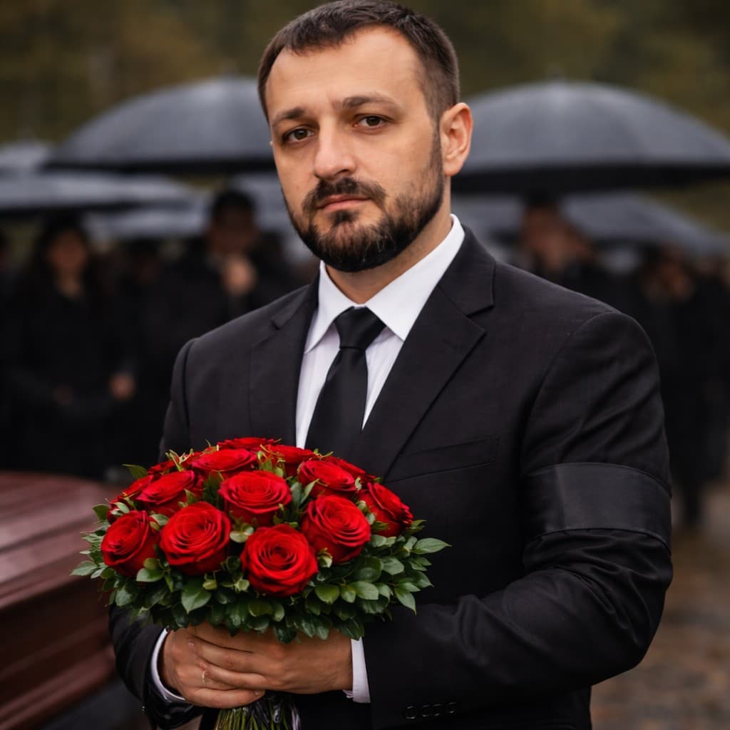 Ритуальный агент с букетом на церемонии прощания